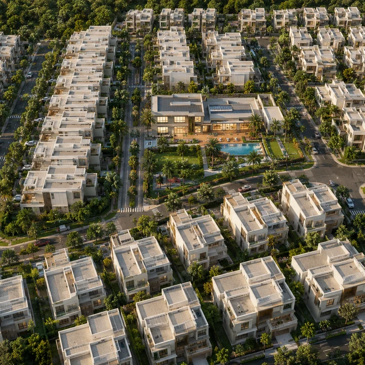 Urban Oasis indicative aerial over the villa community — the filed 477 ground-plus-two villas, internal roads and central clubhouse across 36.08 acres at Yamare and Dommasandra Urban Oasis indicative aerial over the villa community — the filed 477 ground-plus-two villas, internal roads and central clubhouse across 36.08 acres at Yamare and Dommasandra