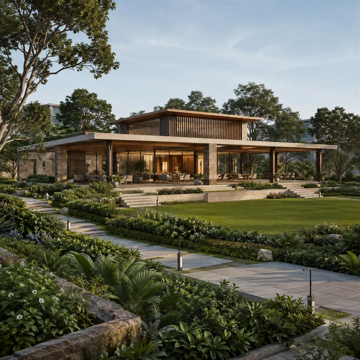 Urban Oasis indicative single-storey clubhouse pavilion with a timber-louvred upper box and stepped lawn Urban Oasis indicative single-storey clubhouse pavilion with a timber-louvred upper box and stepped lawn