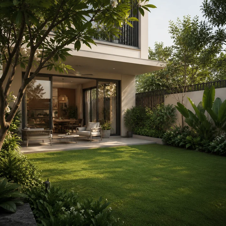 Urban Oasis indicative private villa garden with a covered patio, the kind of in-plot open space a villa scheme's landscape share counts Urban Oasis indicative private villa garden with a covered patio, the kind of in-plot open space a villa scheme's landscape share counts