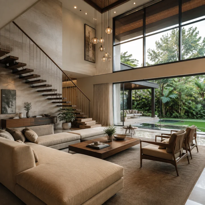 Urban Oasis indicative double-height villa living room with a cantilevered timber staircase and full-height glazing onto a covered deck Urban Oasis indicative double-height villa living room with a cantilevered timber staircase and full-height glazing onto a covered deck
