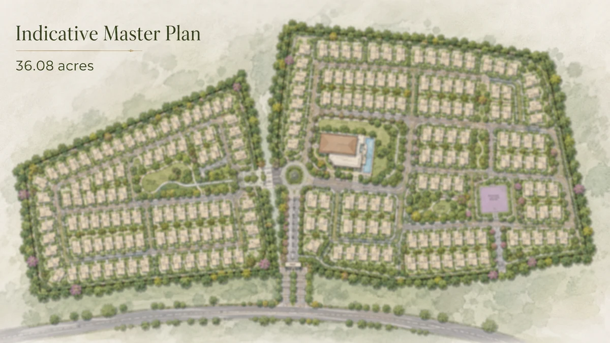 Urban Oasis indicative master plan across the filed 36.08 acres at Yamare and Dommasandra, showing the villa grid, central spine road and clubhouse